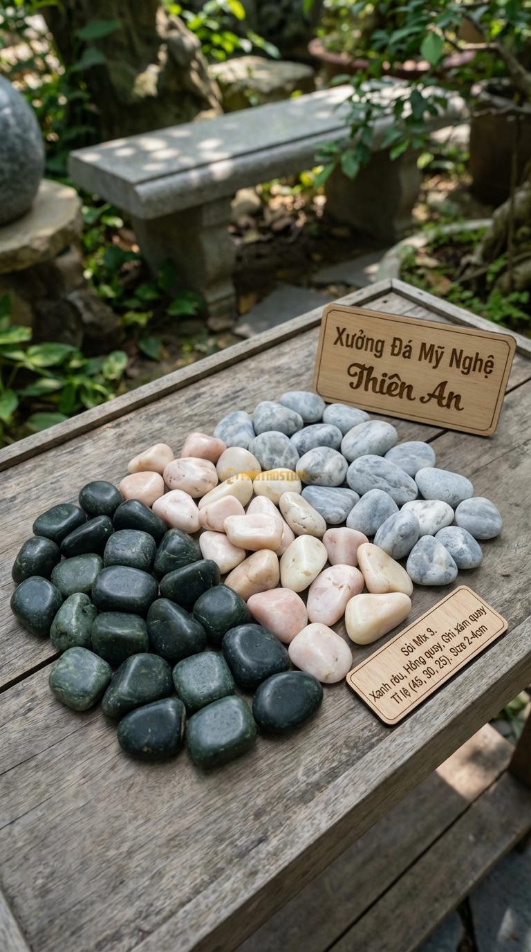 Sỏi Mix 3. Xanh rêu, Hồng quay, Ghi xám quay Tỉ lệ (45, 30, 25). Size 2-4cm