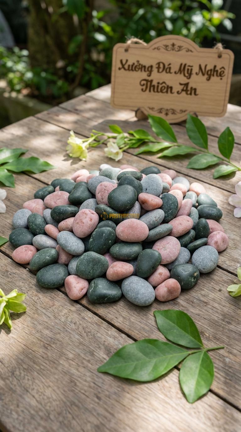 Sỏi Mix 3. Xanh rêu, Hồng quay, Ghi xám quay Tỉ lệ (45, 30, 25). Size 3-5mm