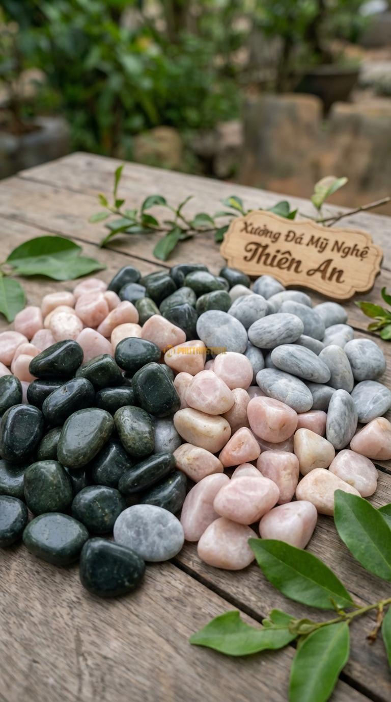Sỏi Mix 3. Xanh rêu, Hồng quay, Ghi xám quay Tỉ lệ (45, 30, 25). Size 7-9mm