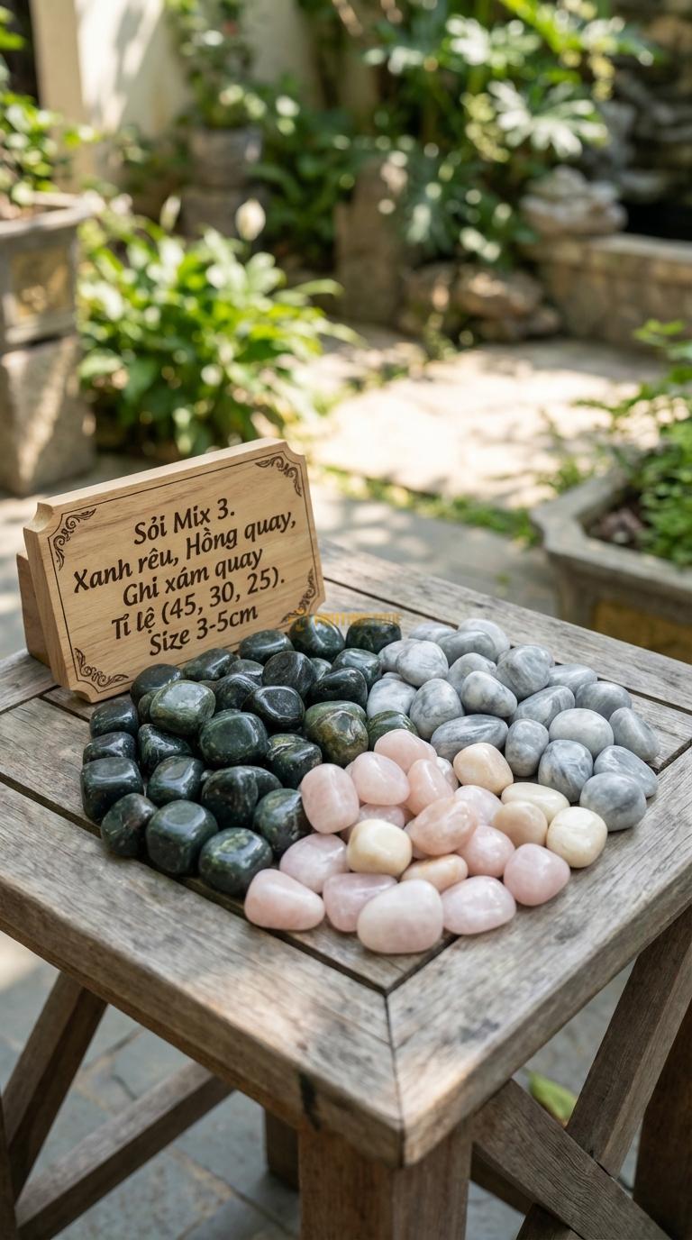 Sỏi Mix 3. Xanh rêu, Hồng quay, Ghi xám quay Tỉ lệ (45, 30, 25). Size 3-5cm