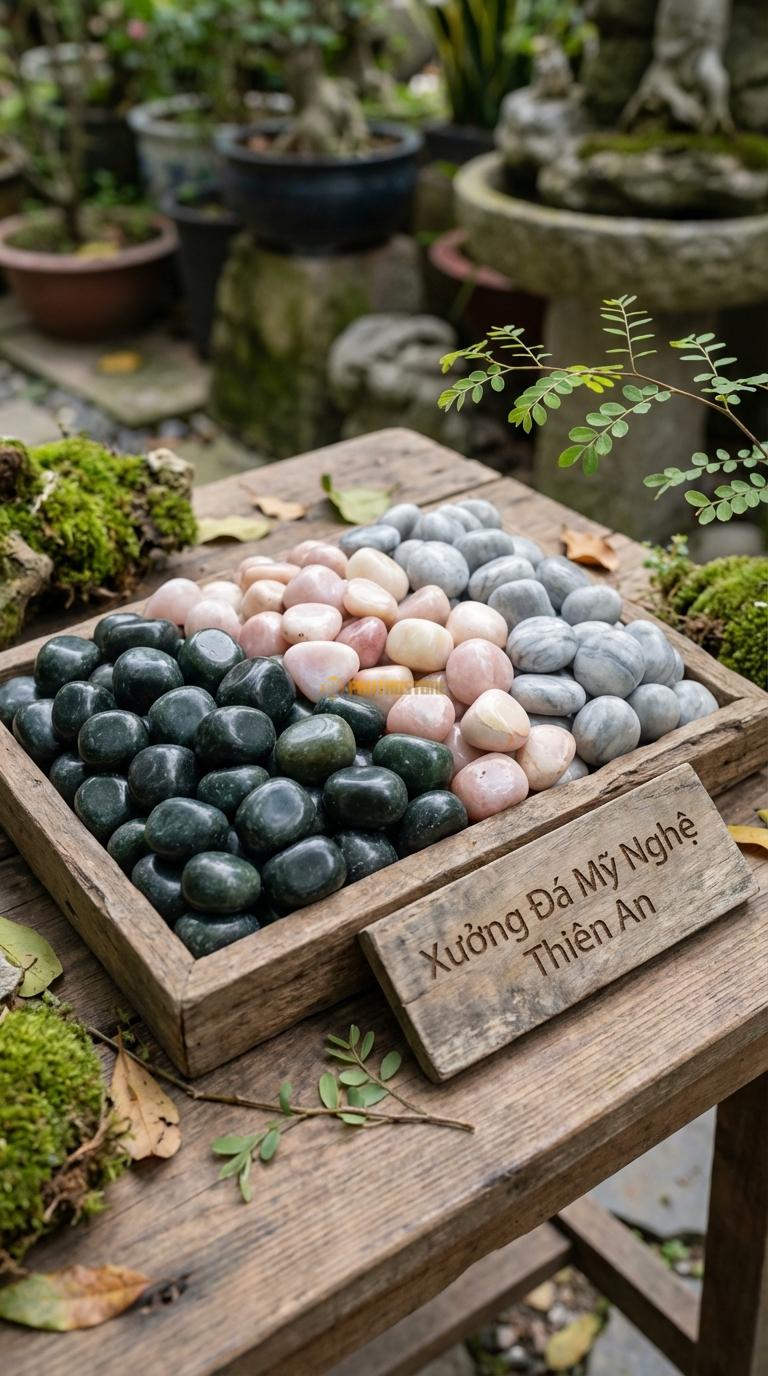 Sỏi Mix 3. Xanh rêu, Hồng quay, Ghi xám quay Tỉ lệ (50, 30, 20). Size 2-4cm