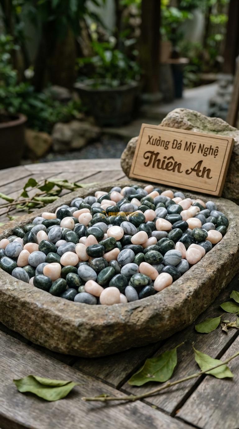 Sỏi Mix 3. Xanh rêu, Hồng quay, Ghi xám quay Tỉ lệ (50, 30, 20). Size 3-5mm