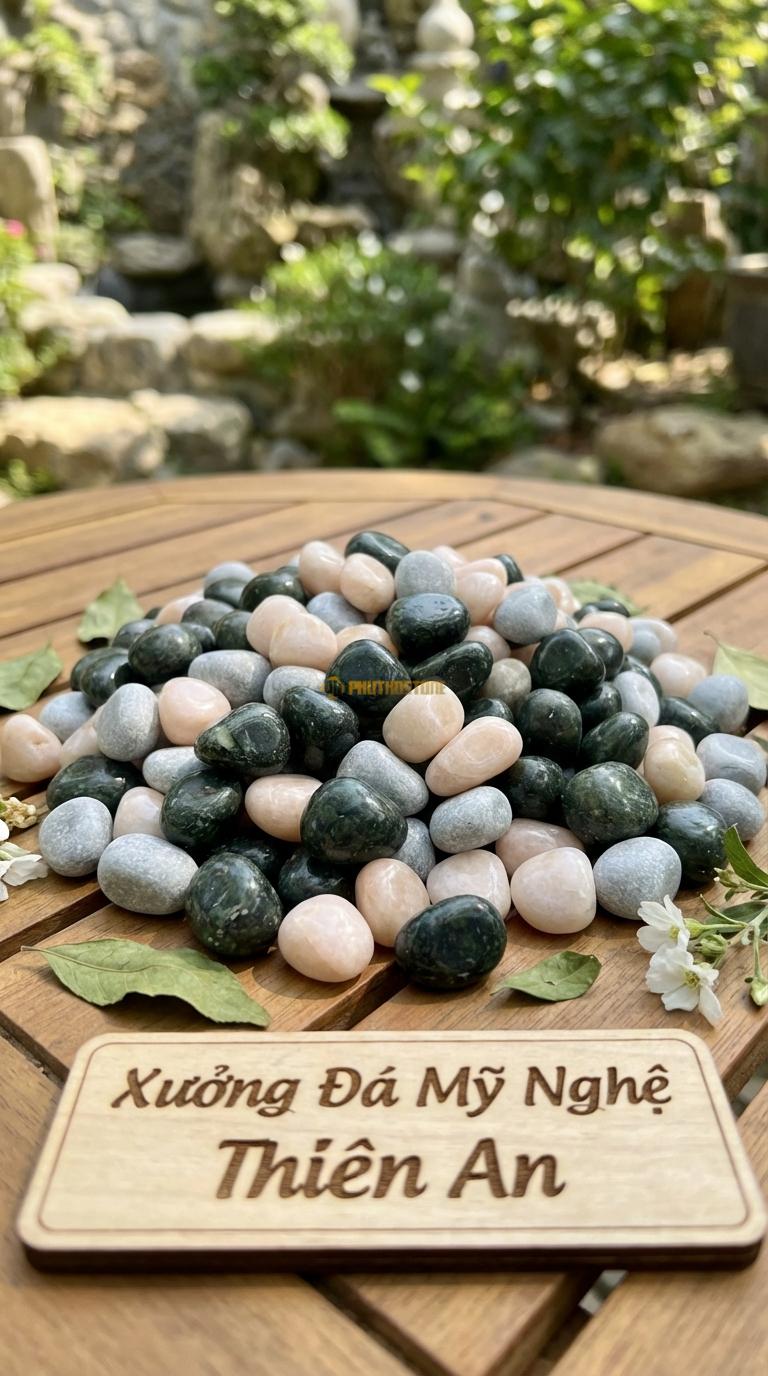 Sỏi Mix 3. Xanh rêu, Hồng quay, Ghi xám quay Tỉ lệ (50, 30, 20). Size 7-9mm