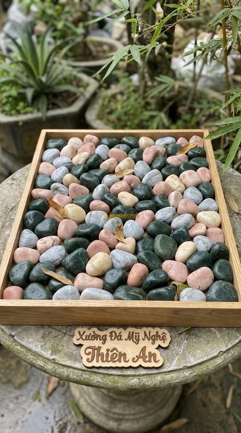 Sỏi Mix 3. Xanh rêu, Hồng quay, Ghi xám quay Tỉ lệ (50, 30, 20). Size 3-5cm