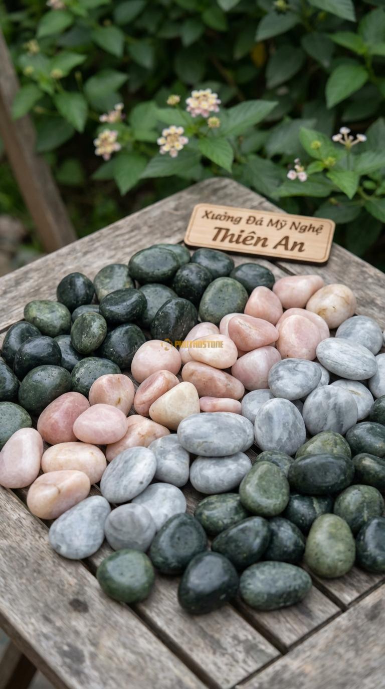 Sỏi Mix 3. Xanh rêu, Hồng quay, Ghi xám quay Tỉ lệ (60, 25, 15). Size 2-4cm