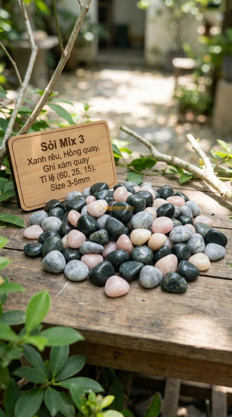 Sỏi Mix 3. Xanh rêu, Hồng quay, Ghi xám quay Tỉ lệ (60, 25, 15). Size 3-5mm