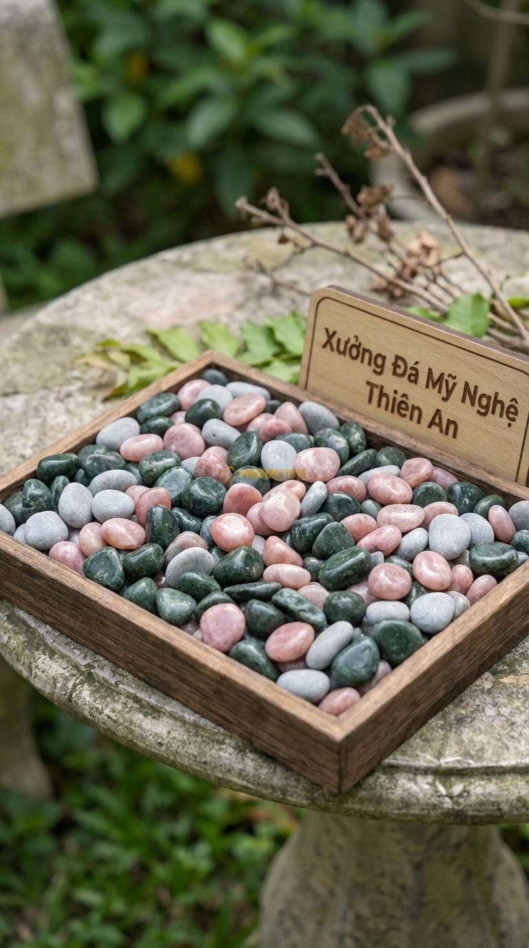 Sỏi Mix 3. Xanh rêu, Hồng quay, Ghi xám quay Tỉ lệ (60, 25, 15). Size 7-9mm