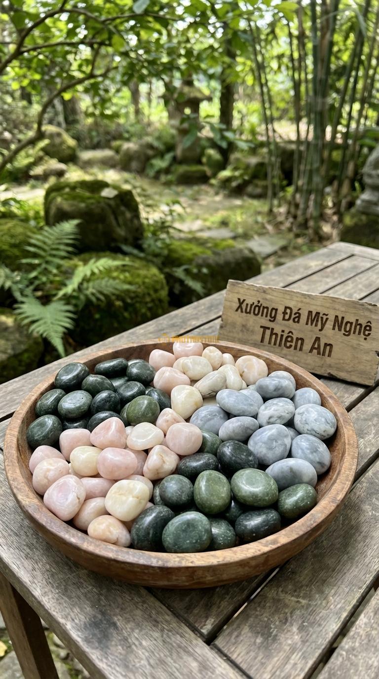 Sỏi Mix 3. Xanh rêu, Hồng quay, Ghi xám quay Tỉ lệ (60, 25, 15). Size 3-5cm
