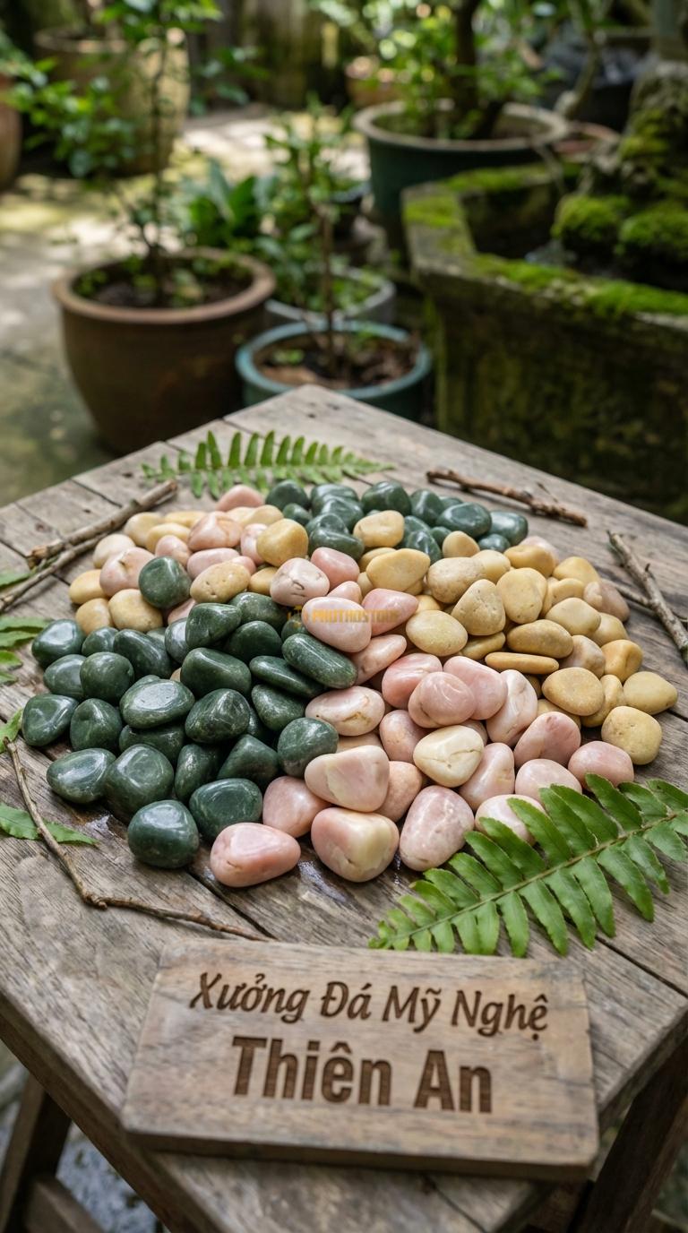 Sỏi Mix 3. Xanh rêu, Hồng quay, Vàng quay Tỉ lệ (40, 35, 25). Size 1-2cm