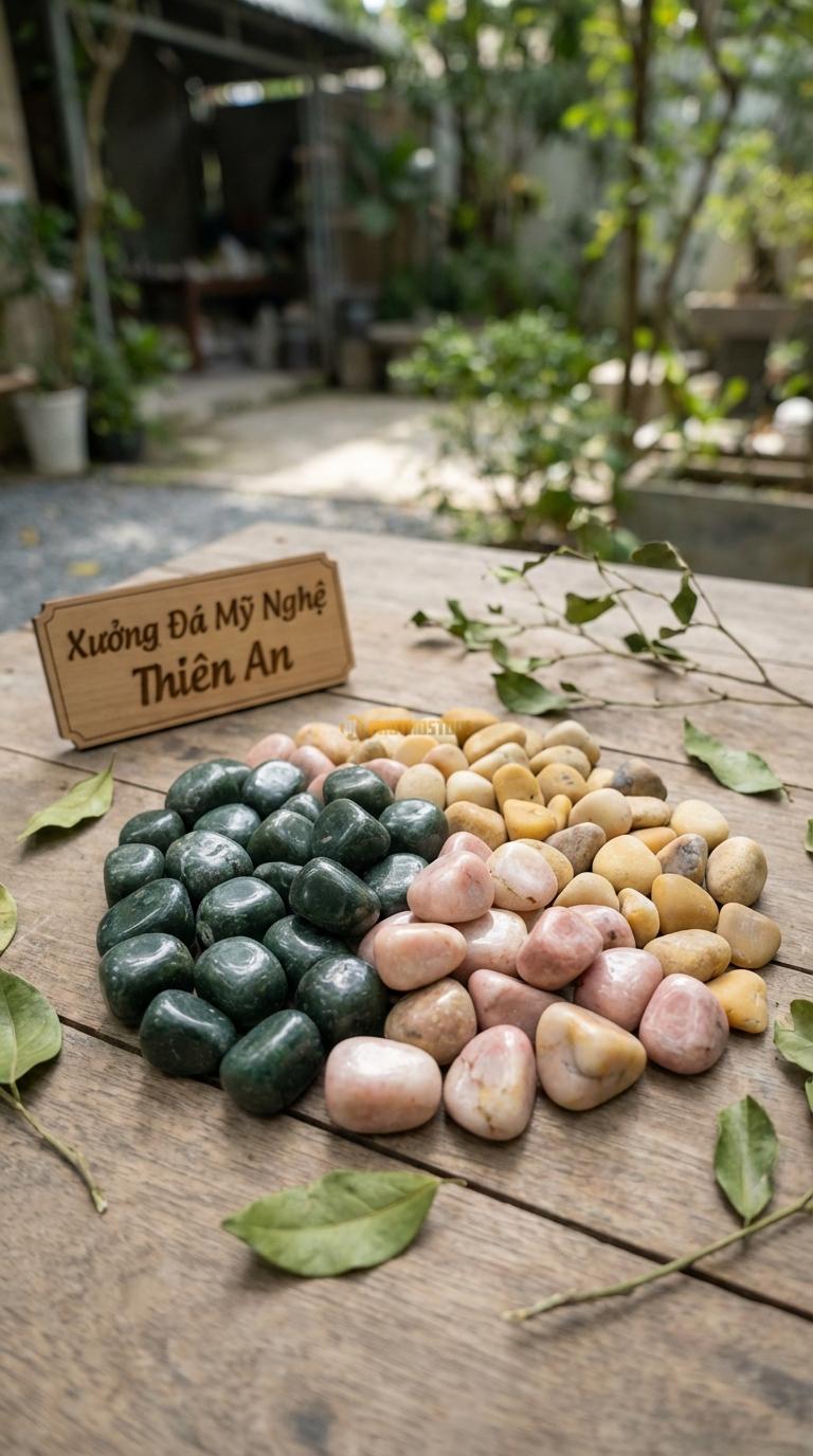 Sỏi Mix 3. Xanh rêu, Hồng quay, Vàng quay Tỉ lệ (40, 35, 25). Size 3-5cm