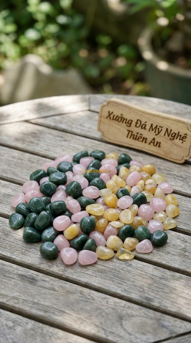 Sỏi Mix 3. Xanh rêu, Hồng quay, Vàng quay Tỉ lệ (40, 35, 25). Size 7-9mm
