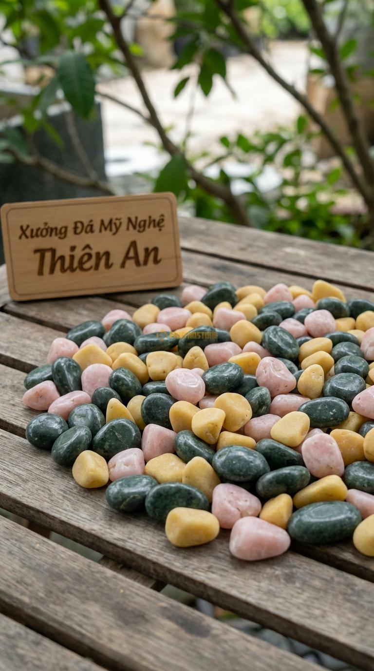 Sỏi Mix 3. Xanh rêu, Hồng quay, Vàng quay Tỉ lệ (45, 30, 25). Size 7-9mm