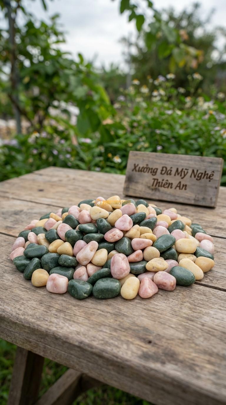 Sỏi Mix 3. Xanh rêu, Hồng quay, Vàng quay Tỉ lệ (50, 30, 20). Size 1-2cm