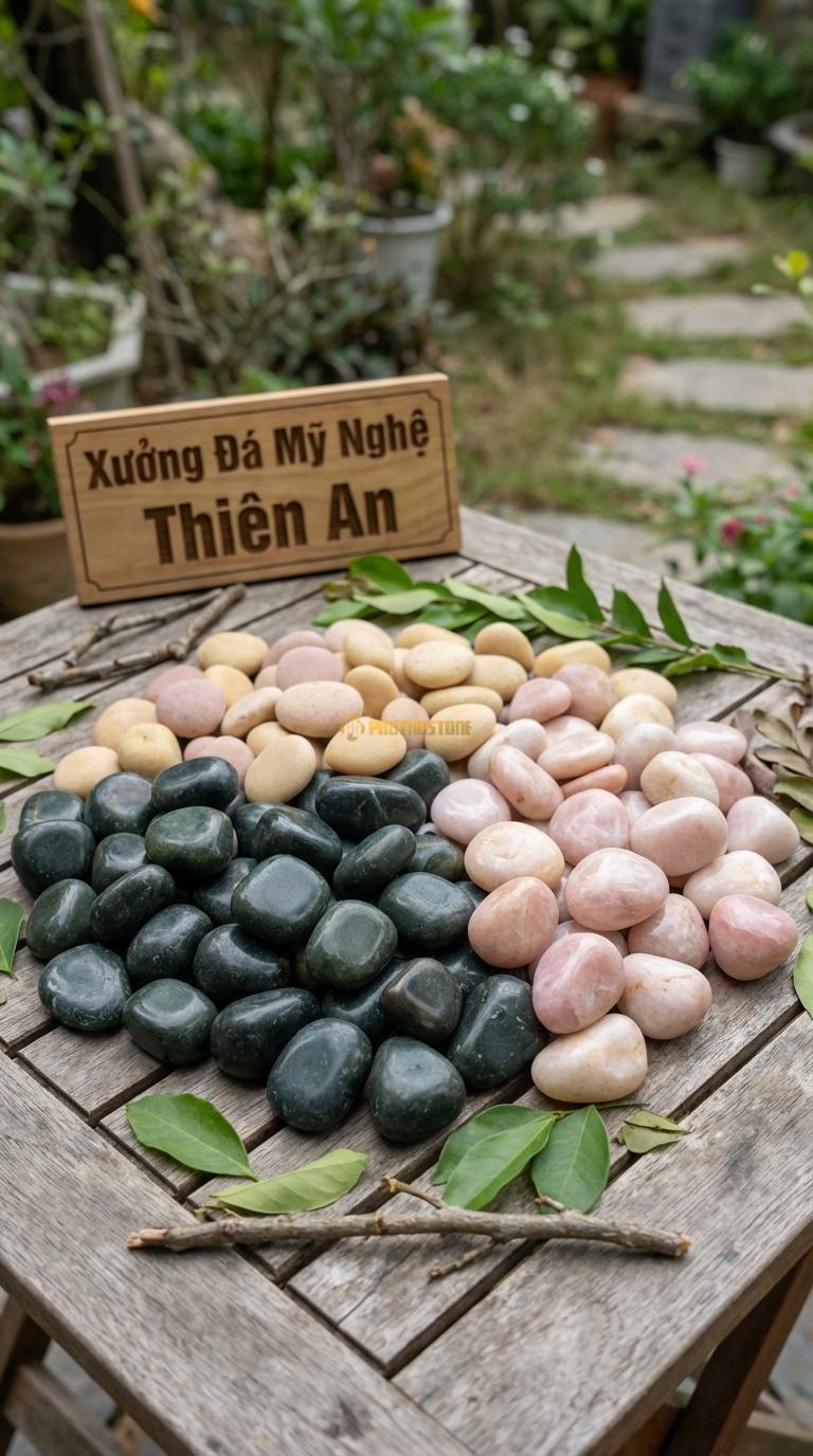Sỏi Mix 3. Xanh rêu, Hồng quay, Vàng quay Tỉ lệ (50, 30, 20). Size 3-5cm