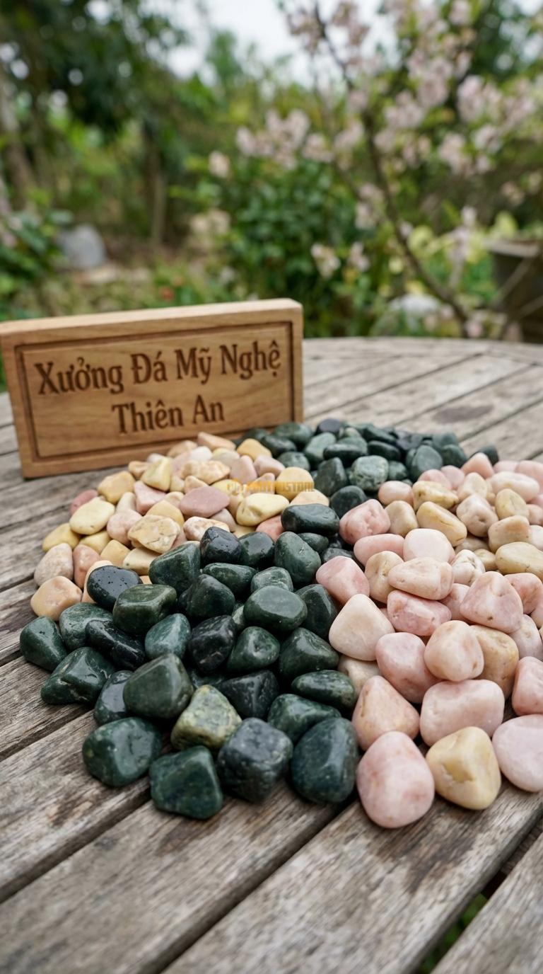 Sỏi Mix 3. Xanh rêu, Hồng quay, Vàng quay Tỉ lệ (50, 30, 20). Size 7-9mm