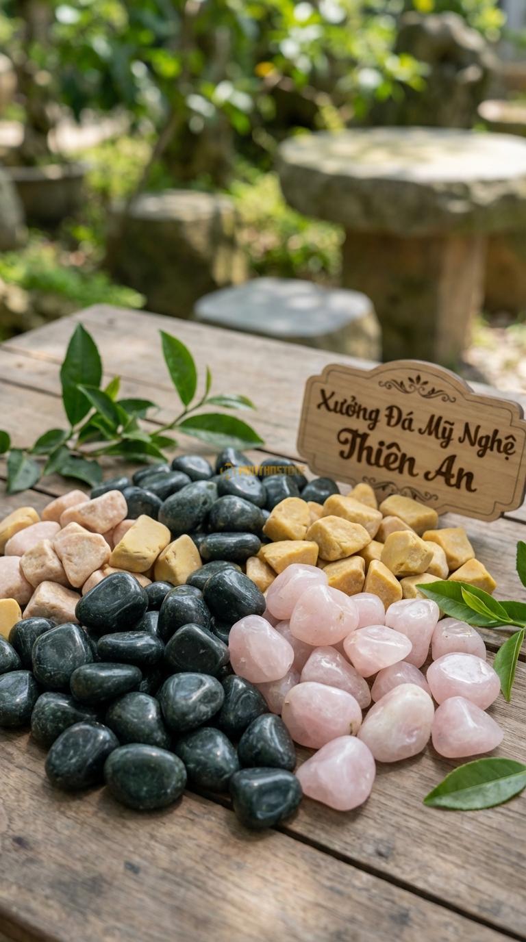 Sỏi Mix 3. Xanh rêu, Hồng quay, Vàng quay Tỉ lệ (60, 25, 15). Size 2-4cm
