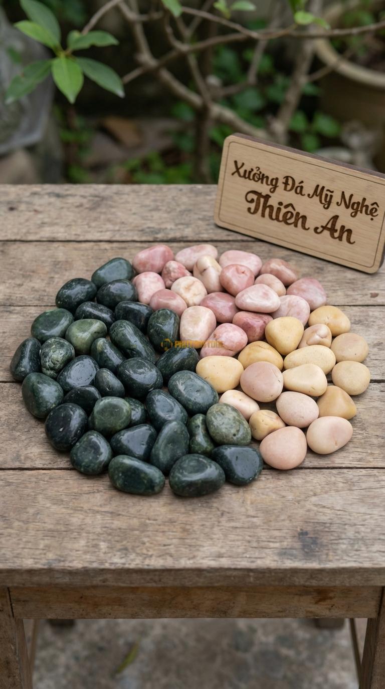 Sỏi Mix 3. Xanh rêu, Hồng quay, Vàng quay Tỉ lệ (60, 25, 15). Size 2-3cm