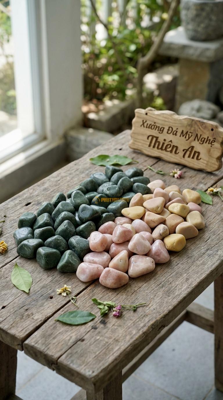 Sỏi Mix 3. Xanh rêu, Hồng quay, Vàng quay Tỉ lệ (60, 25, 15). Size 3-5cm
