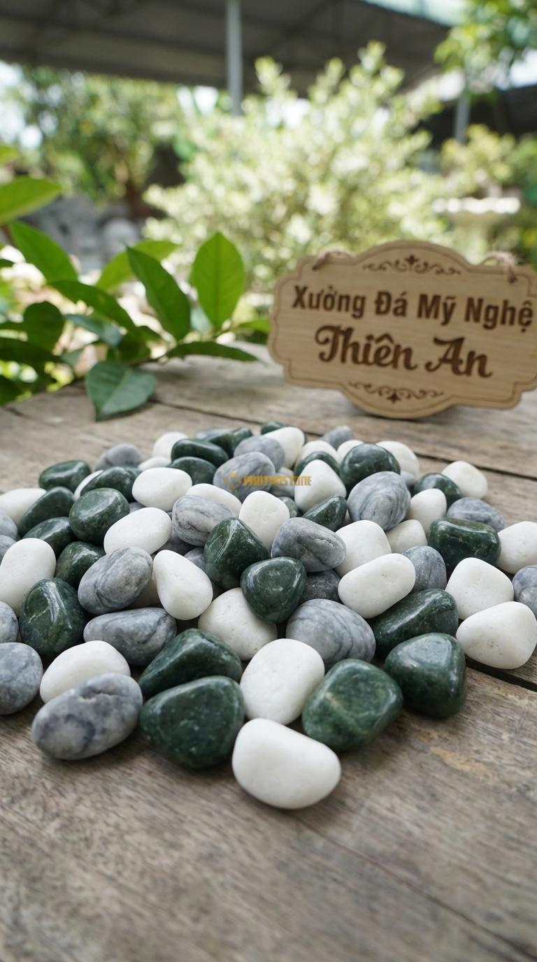 Sỏi Mix 3. Xanh rêu, Trắng quay, Ghi xám quay Tỉ lệ (40, 35, 25). Size 3-5mm