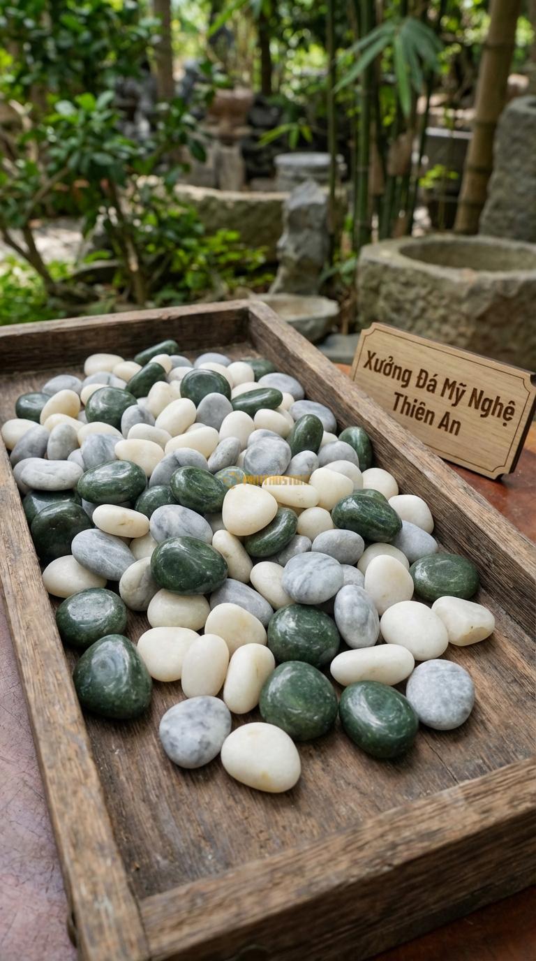 Sỏi Mix 3. Xanh rêu, Trắng quay, Ghi xám quay Tỉ lệ (40, 35, 25). Size 7-9mm