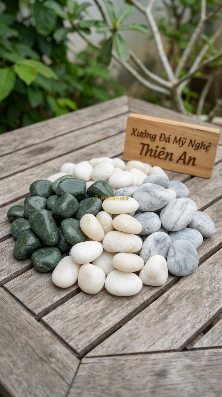 Sỏi Mix 3. Xanh rêu, Trắng quay, Ghi xám quay Tỉ lệ (40, 35, 25). Size 1-2cm