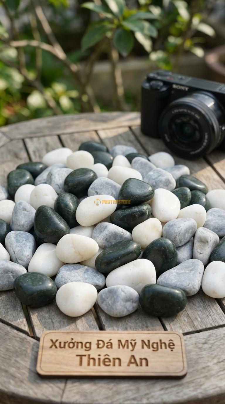Sỏi Mix 3. Xanh rêu, Trắng quay, Ghi xám quay Tỉ lệ (40, 35, 25). Size 2-3cm
