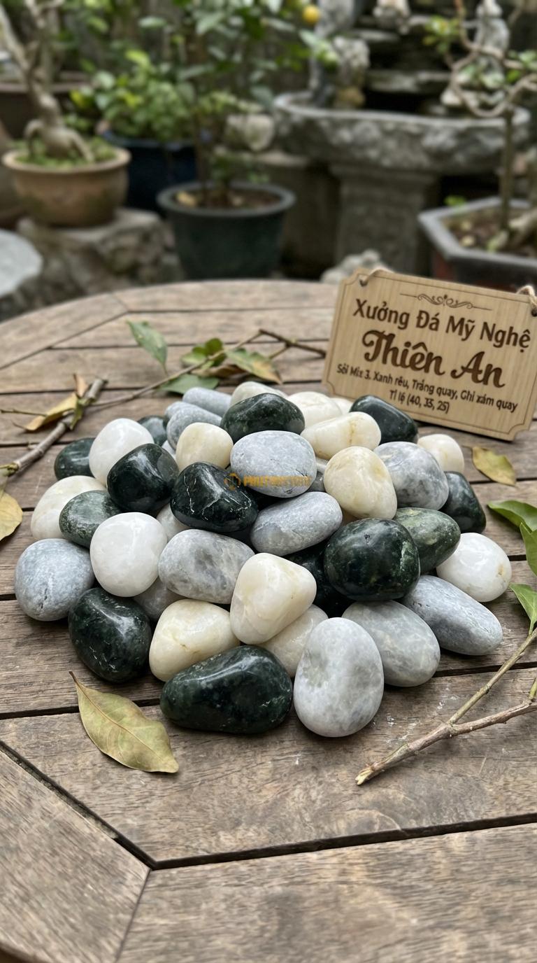 Sỏi Mix 3. Xanh rêu, Trắng quay, Ghi xám quay Tỉ lệ (40, 35, 25). Size 3-5cm