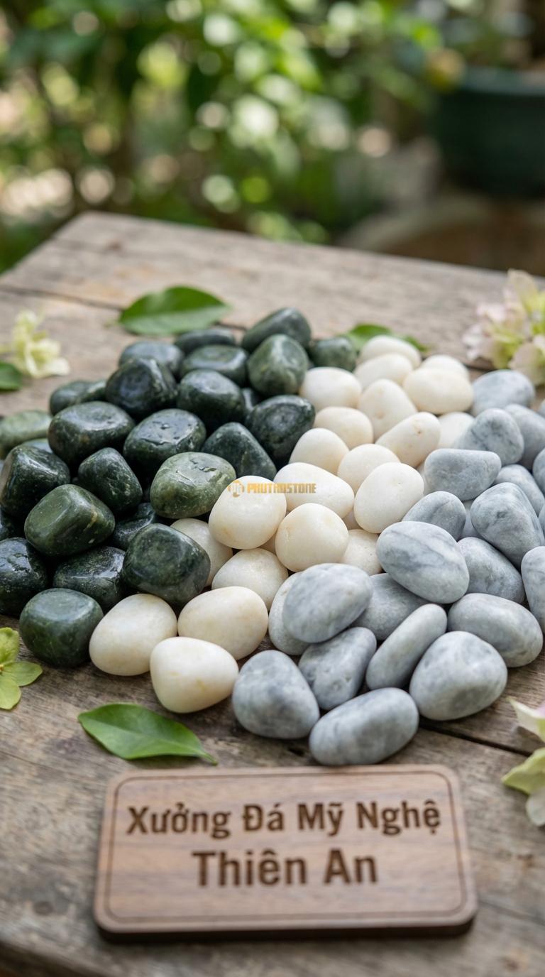 Sỏi Mix 3. Xanh rêu, Trắng quay, Ghi xám quay Tỉ lệ (45, 30, 25). Size 2-4cm