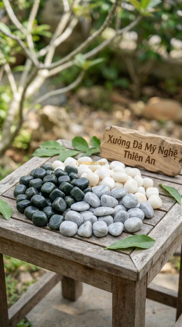 Sỏi Mix 3. Xanh rêu, Trắng quay, Ghi xám quay Tỉ lệ (45, 30, 25). Size 7-9mm