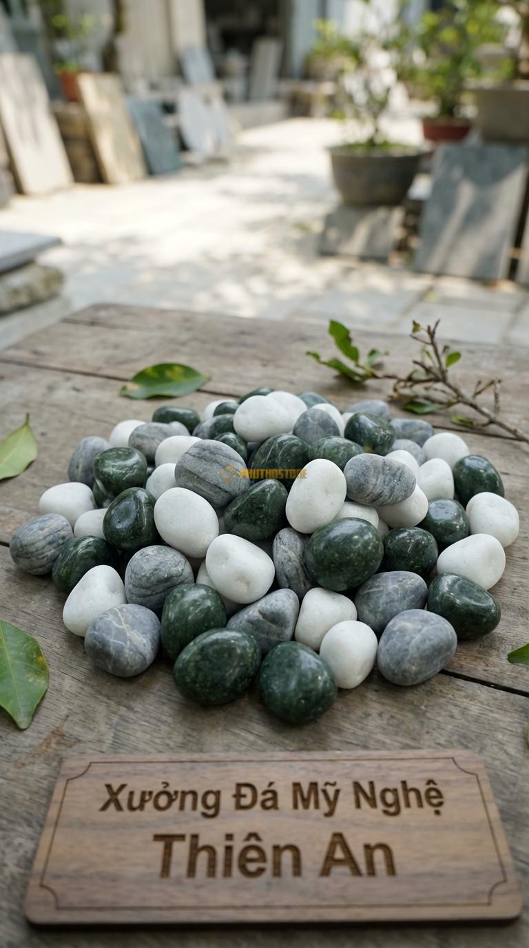 Sỏi Mix 3. Xanh rêu, Trắng quay, Ghi xám quay Tỉ lệ (45, 30, 25). Size 1-2cm