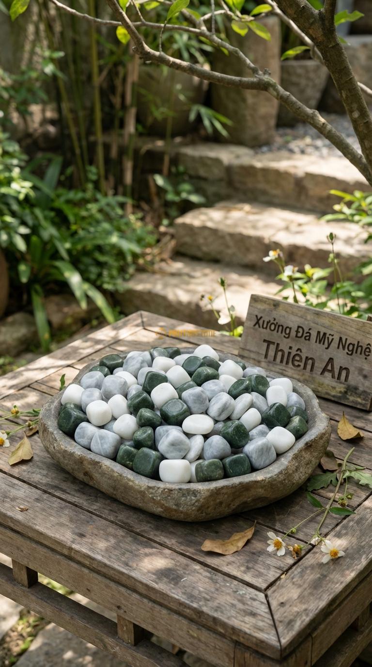 Sỏi Mix 3. Xanh rêu, Trắng quay, Ghi xám quay Tỉ lệ (45, 30, 25). Size 2-3cm