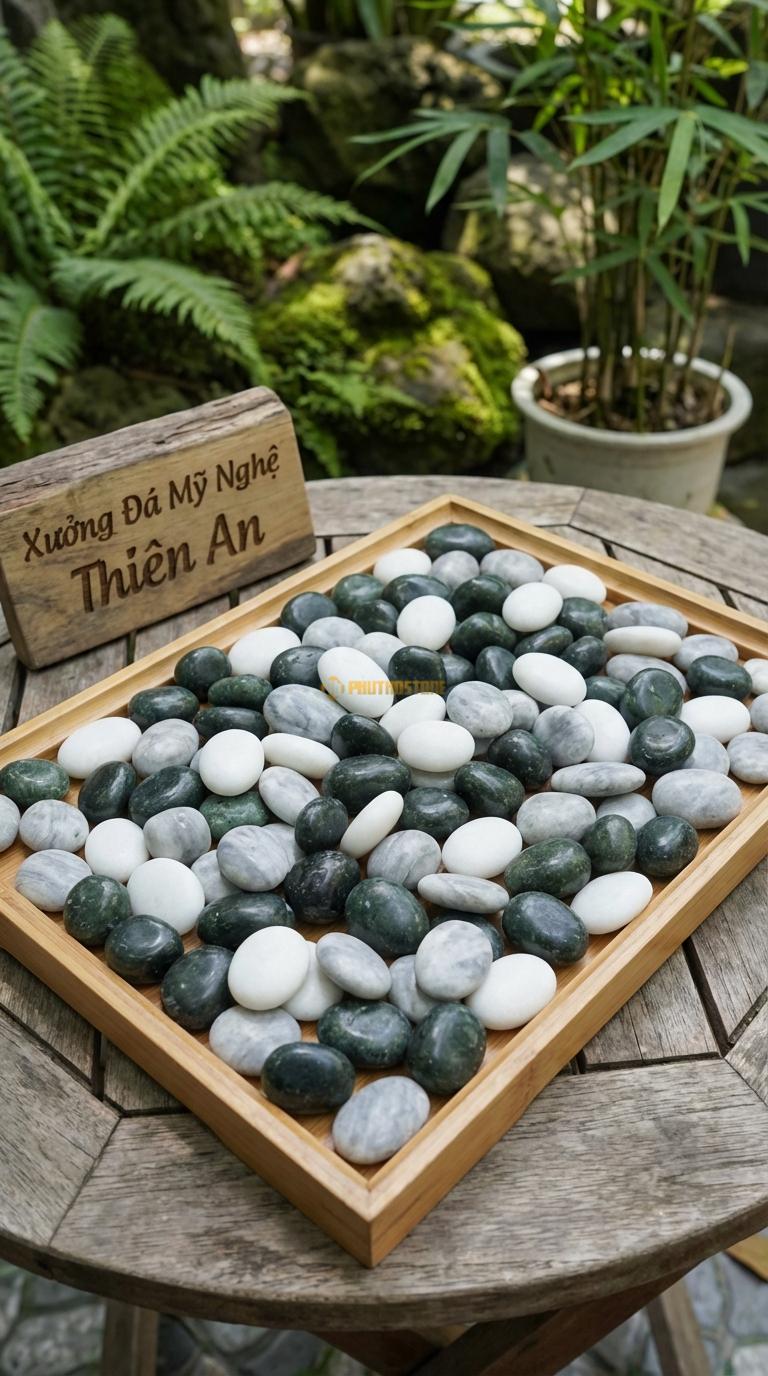 Sỏi Mix 3. Xanh rêu, Trắng quay, Ghi xám quay Tỉ lệ (50, 30, 20). Size 7-9mm
