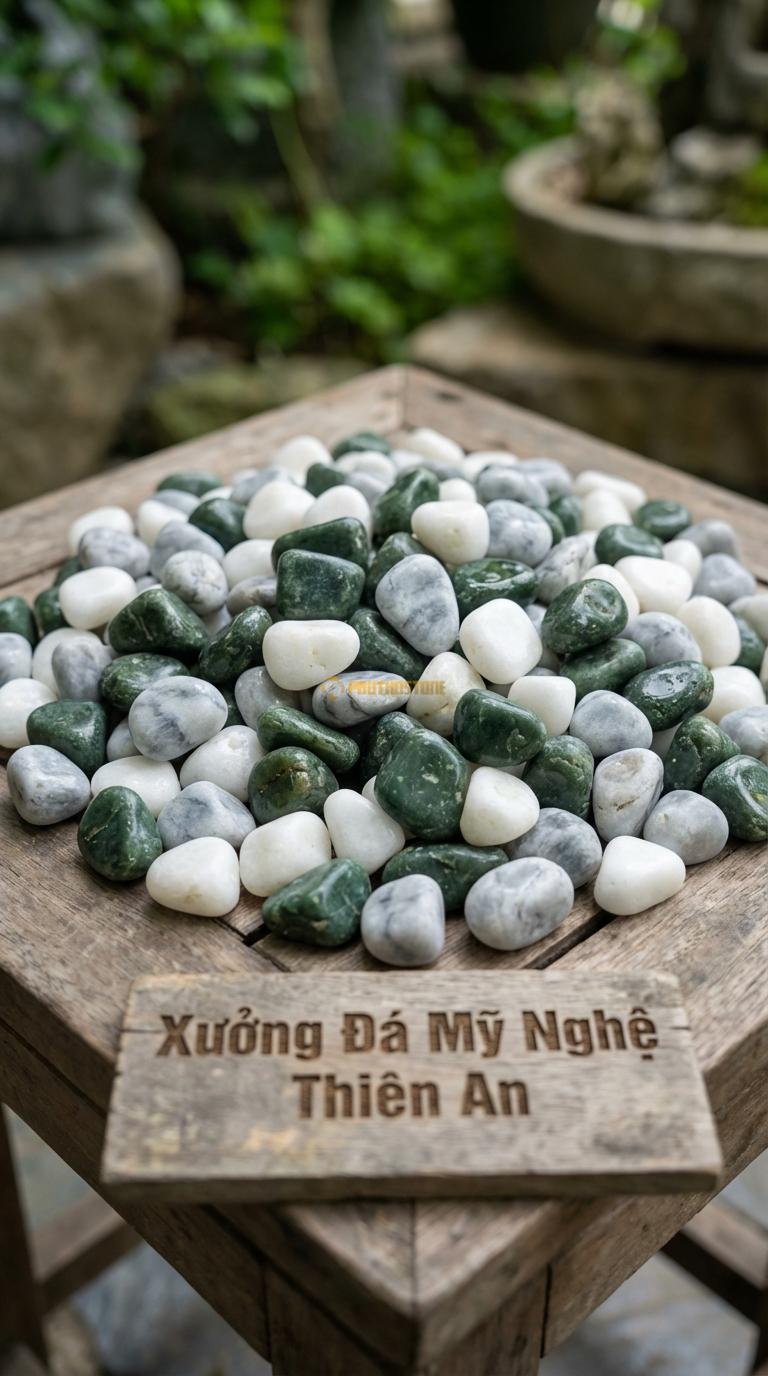 Sỏi Mix 3. Xanh rêu, Trắng quay, Ghi xám quay Tỉ lệ (50, 30, 20). Size 1-2cm