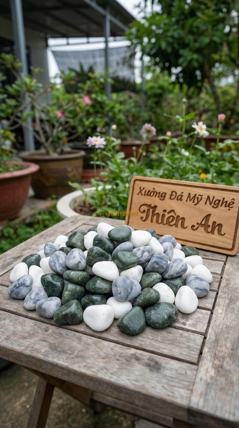 Sỏi Mix 3. Xanh rêu, Trắng quay, Ghi xám quay Tỉ lệ (50, 30, 20). Size 2-3cm