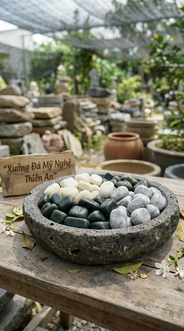 Sỏi Mix 3. Xanh rêu, Trắng quay, Ghi xám quay Tỉ lệ (50, 30, 20). Size 3-5cm