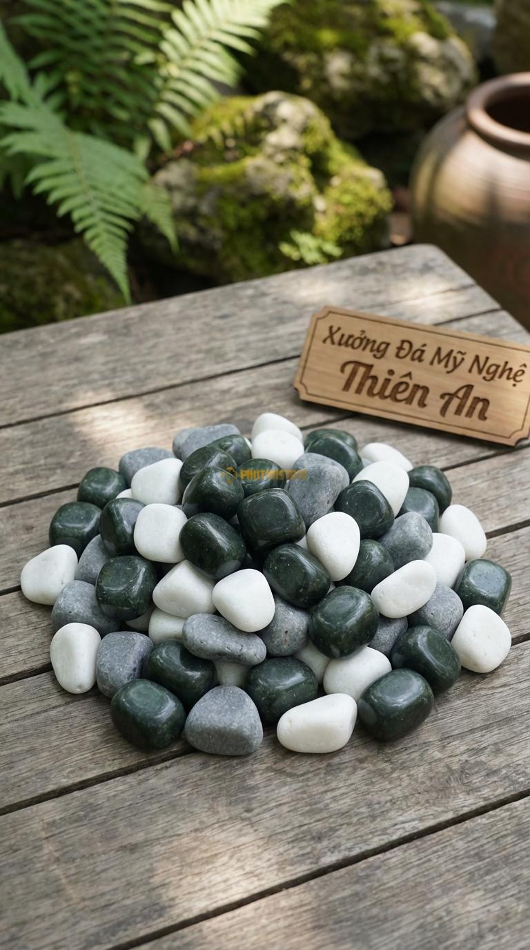 Sỏi Mix 3. Xanh rêu, Trắng quay, Ghi xám quay Tỉ lệ (60, 25, 15). Size 1-2cm