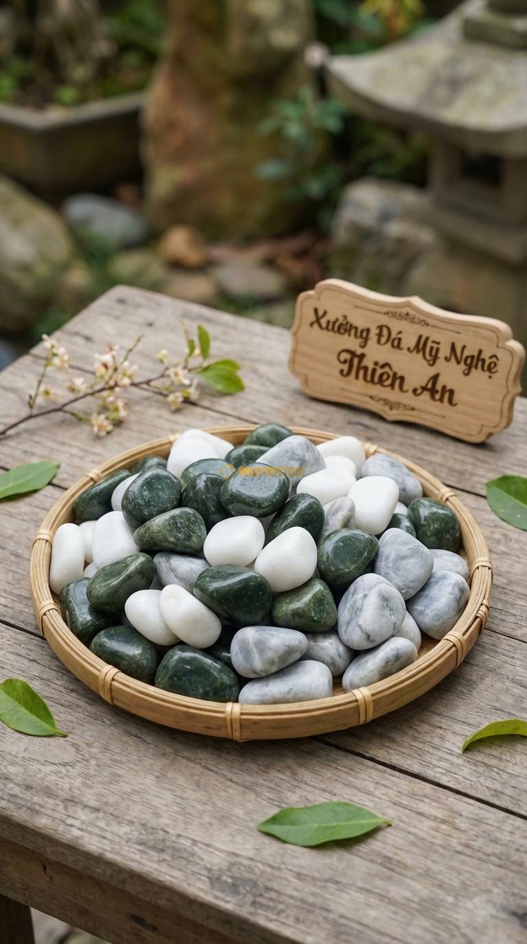 Sỏi Mix 3. Xanh rêu, Trắng quay, Ghi xám quay Tỉ lệ (60, 25, 15). Size 3-5cm