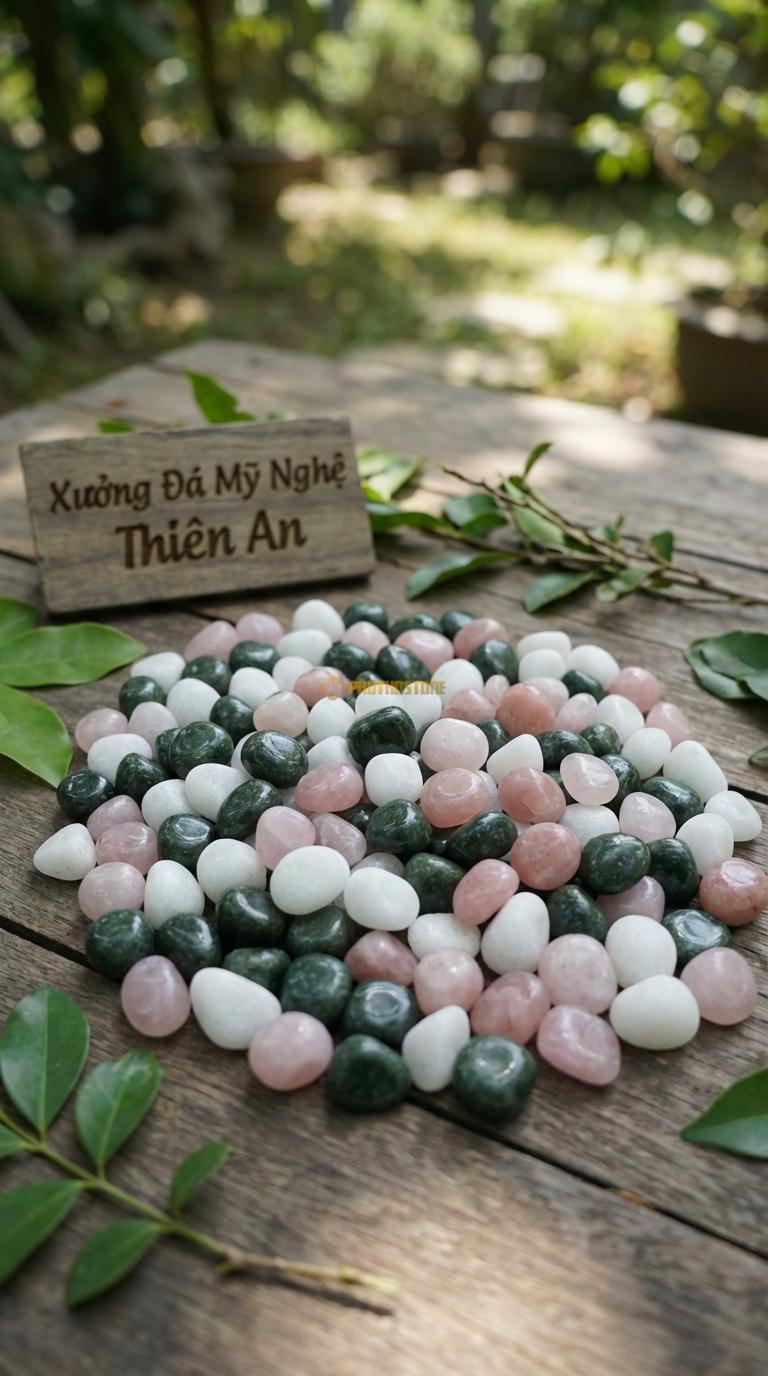 Sỏi Mix 3. Xanh rêu, Trắng quay, Hồng quay Tỉ lệ (40, 35, 25). Size 7-9mm