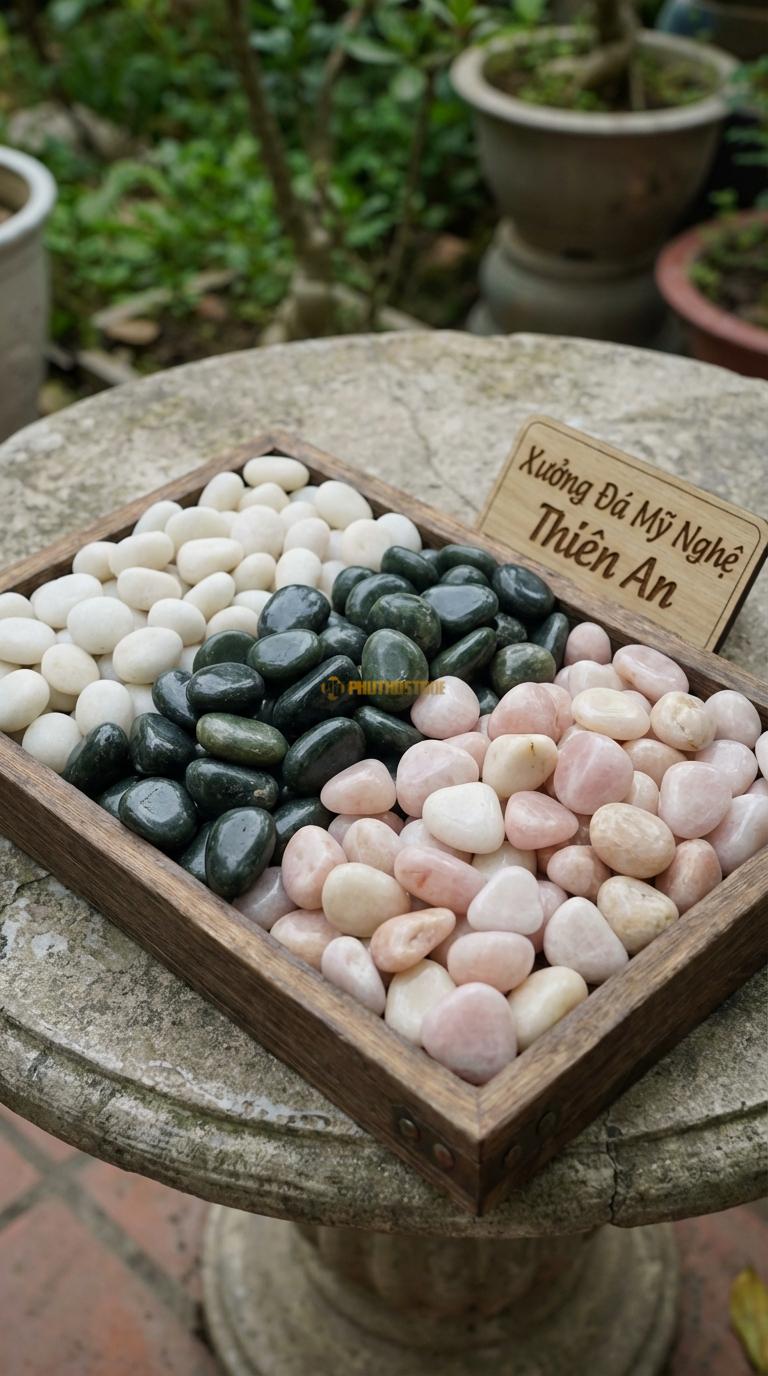 Sỏi Mix 3. Xanh rêu, Trắng quay, Hồng quay Tỉ lệ (40, 35, 25). Size 1-2cm