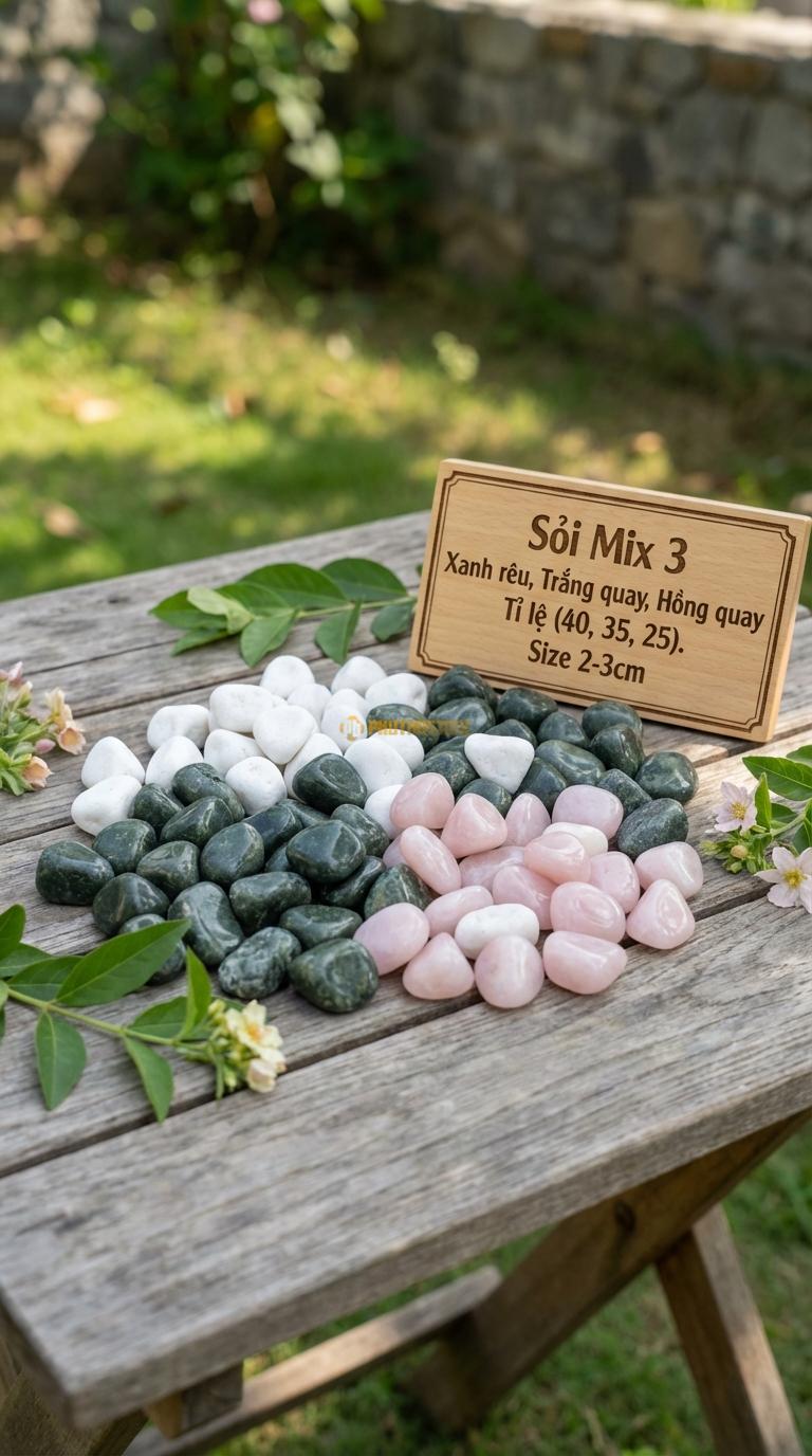 Sỏi Mix 3. Xanh rêu, Trắng quay, Hồng quay Tỉ lệ (40, 35, 25). Size 2-3cm