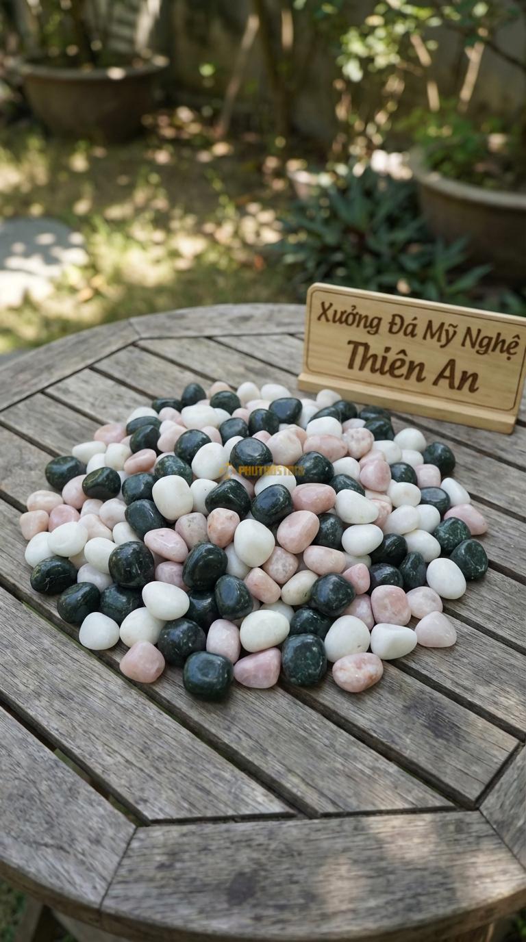 Sỏi Mix 3. Xanh rêu, Trắng quay, Hồng quay Tỉ lệ (45, 30, 25). Size 1-2cm