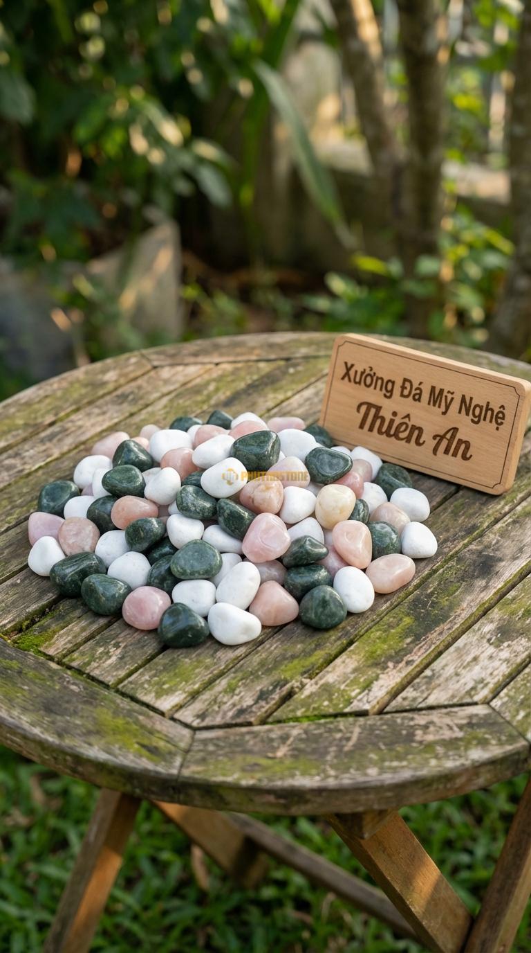 Sỏi Mix 3. Xanh rêu, Trắng quay, Hồng quay Tỉ lệ (45, 30, 25). Size 2-3cm