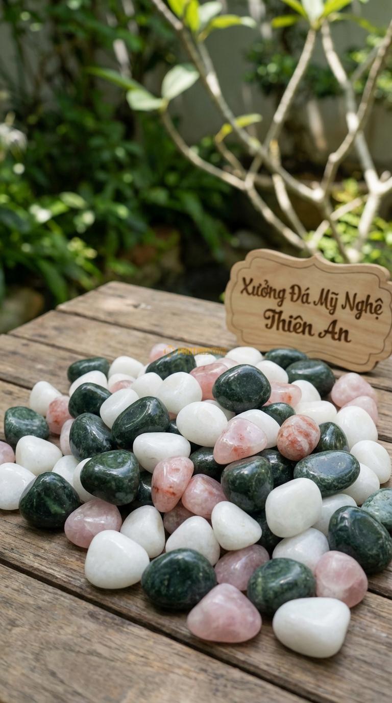 Sỏi Mix 3. Xanh rêu, Trắng quay, Hồng quay Tỉ lệ (45, 30, 25). Size 3-5cm