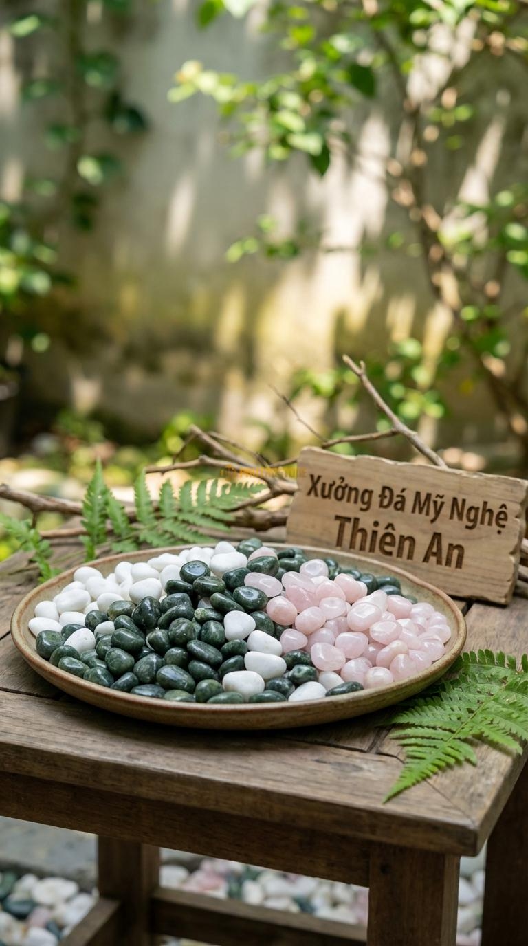 Sỏi Mix 3. Xanh rêu, Trắng quay, Hồng quay Tỉ lệ (50, 30, 20). Size 7-9mm