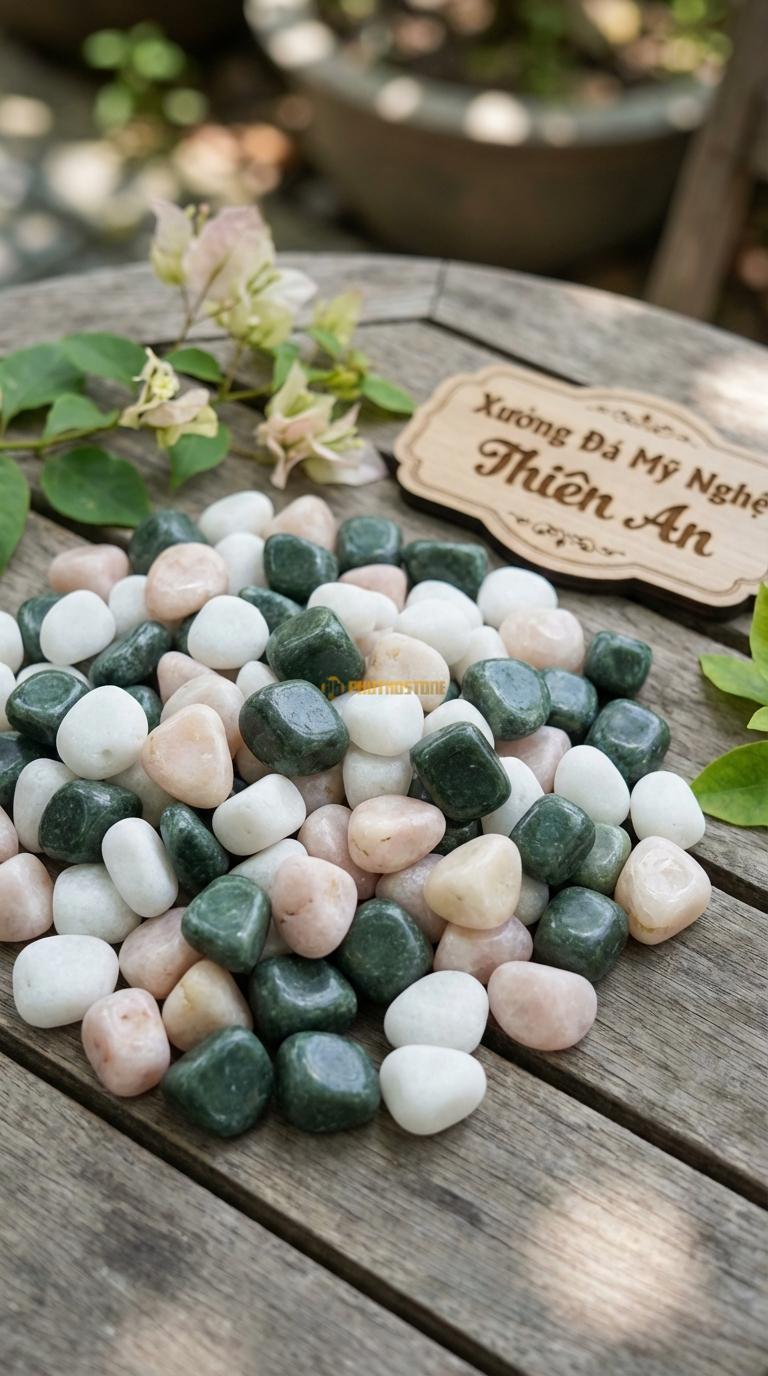 Sỏi Mix 3. Xanh rêu, Trắng quay, Hồng quay Tỉ lệ (50, 30, 20). Size 1-2cm