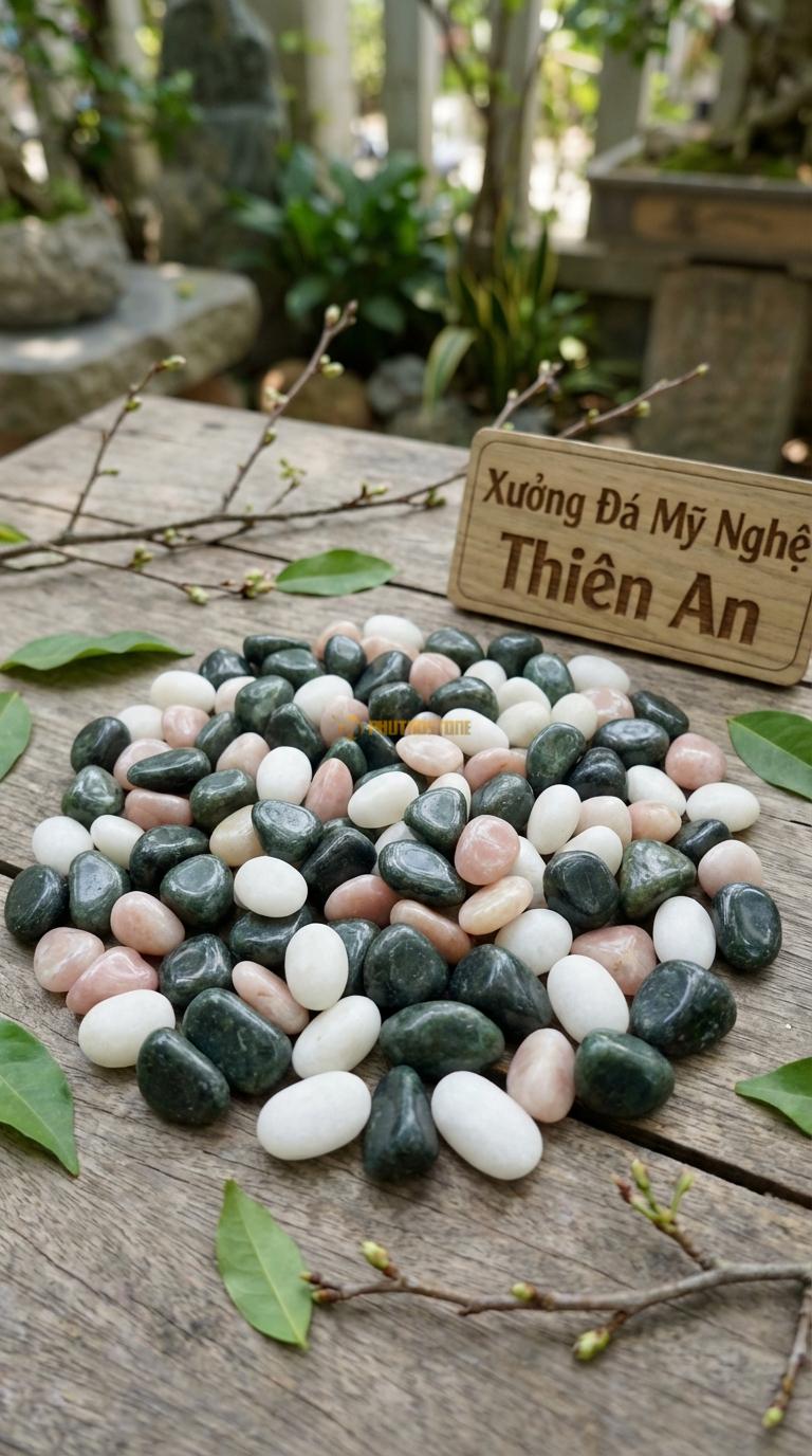 Sỏi Mix 3. Xanh rêu, Trắng quay, Hồng quay Tỉ lệ (60, 25, 15). Size 7-9mm