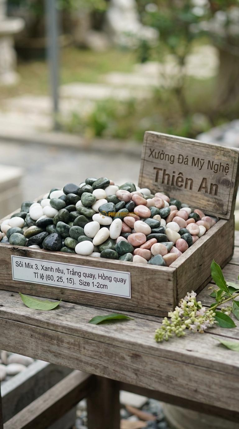 Sỏi Mix 3. Xanh rêu, Trắng quay, Hồng quay Tỉ lệ (60, 25, 15). Size 1-2cm