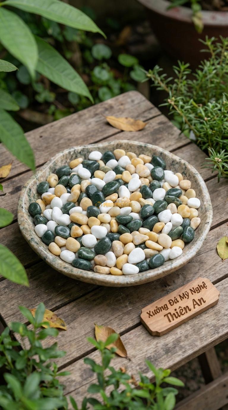 Sỏi Mix 3. Xanh rêu, Trắng quay, Vàng quay Tỉ lệ (40, 35, 25). Size 3-5mm