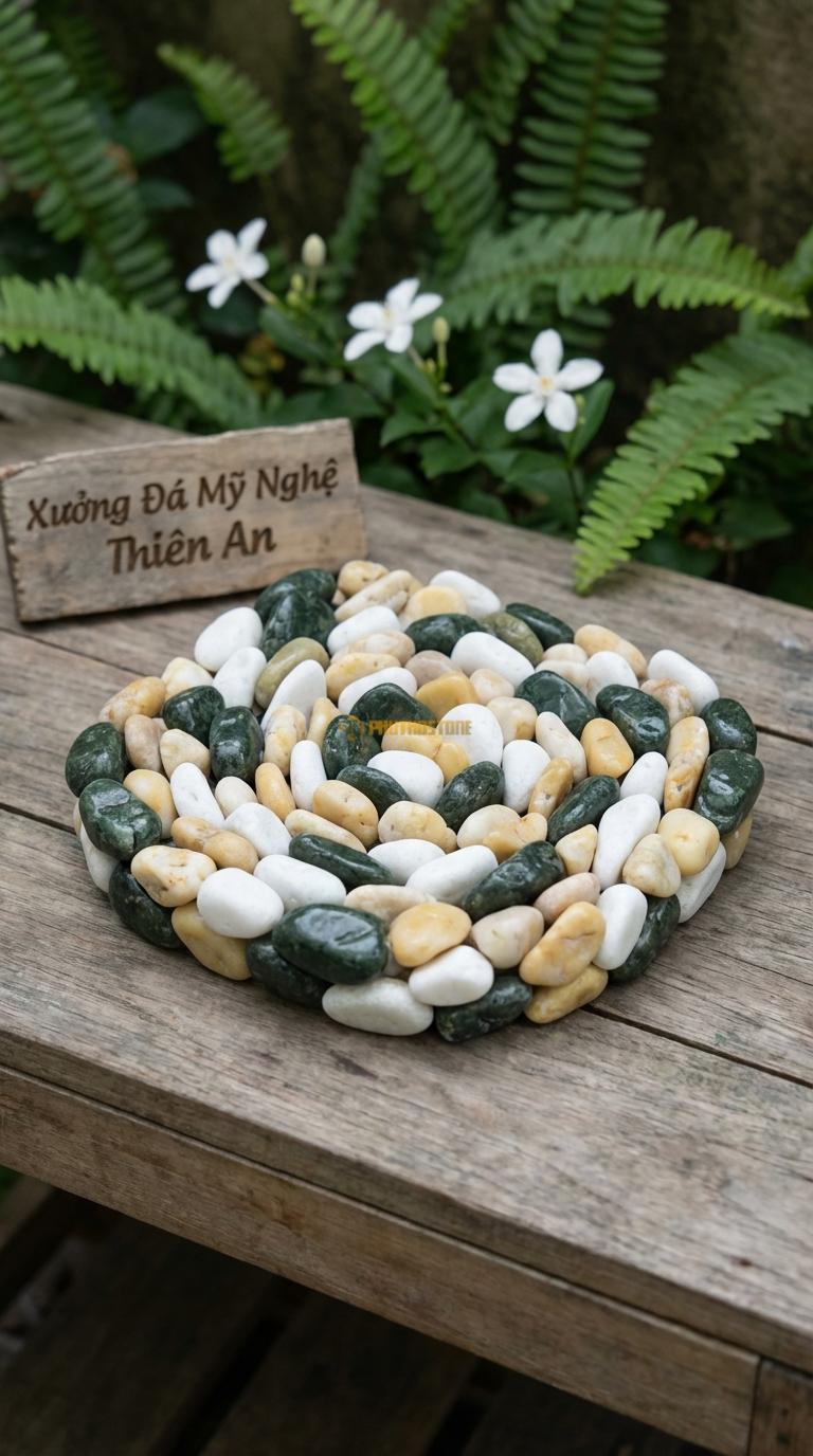 Sỏi Mix 3. Xanh rêu, Trắng quay, Vàng quay Tỉ lệ (40, 35, 25). Size 7-9mm