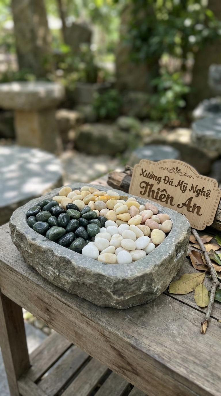 Sỏi Mix 3. Xanh rêu, Trắng quay, Vàng quay Tỉ lệ (40, 35, 25). Size 1-2cm